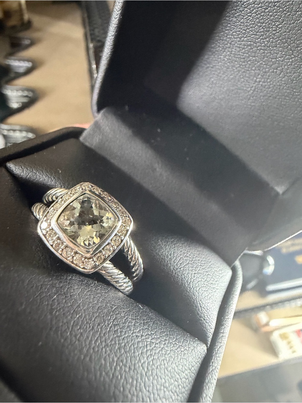 David Yurman Silver Ring with Light Green Cushion-Cut Center and Pavé Halo